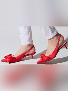 Yosi Samra Elise Red Satin Pointed Slingback Flats with Bow Size 7
